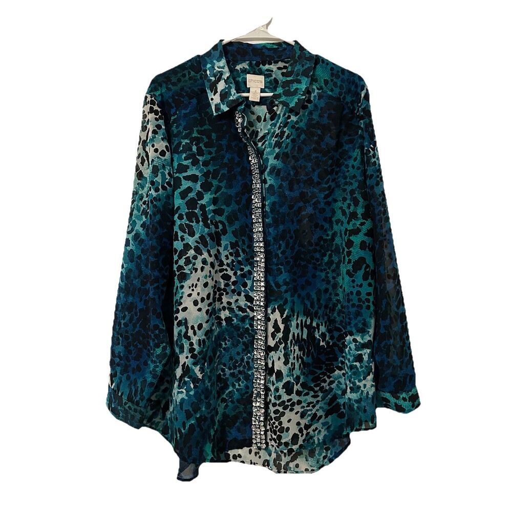 Chico's Button Up Shirt Top Leopard Print Jeweled Sheer Green Black Size 3 XL